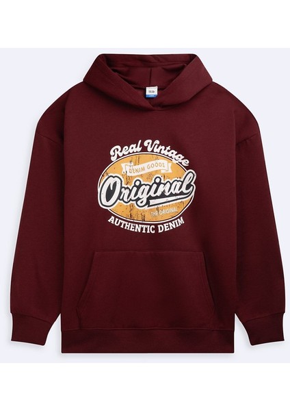 Uzun Kollu Kapüşonlu Slogan Baskılı Kırmızı Sweatshırt