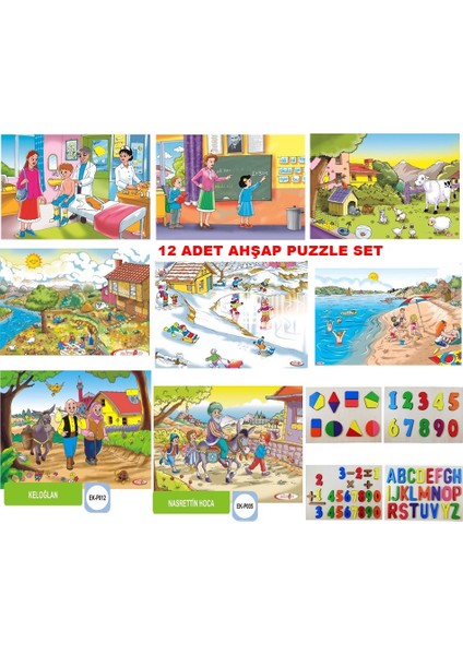 Ahşap Puzzle Seti 12 Li Eğitici Anaokulu Okul Öncesi Konulu Eğitici Yapboz(mevsimler meslekler hayvanlar alfabe sayı vs)