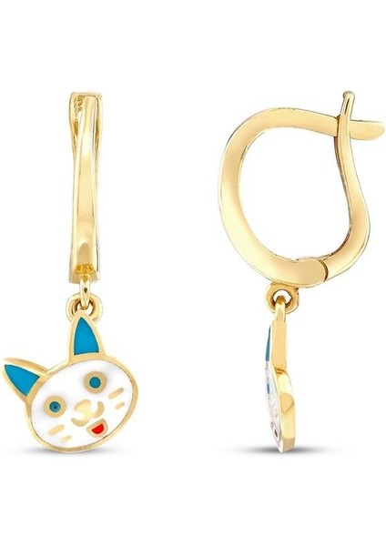 Kedi Figürlü Altın Çocuk Küpe - 14K