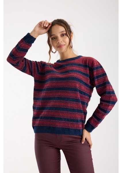Kadın Bordo-Laci Çizgili Çapraz Kontrast Dikiş Detaylı Şönil Kadife Triko Kazak