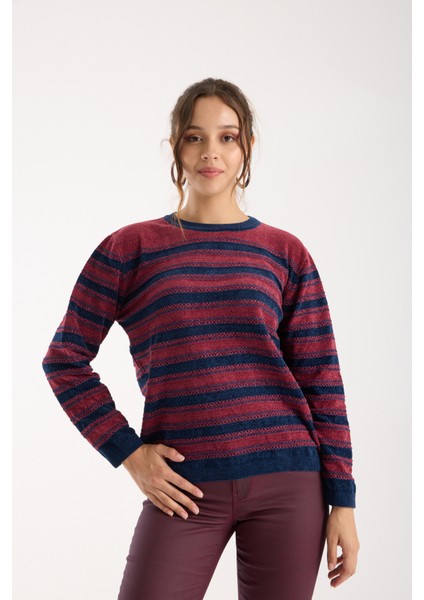 Kadın Bordo-Laci Çizgili Çapraz Kontrast Dikiş Detaylı Şönil Kadife Triko Kazak fiyatları