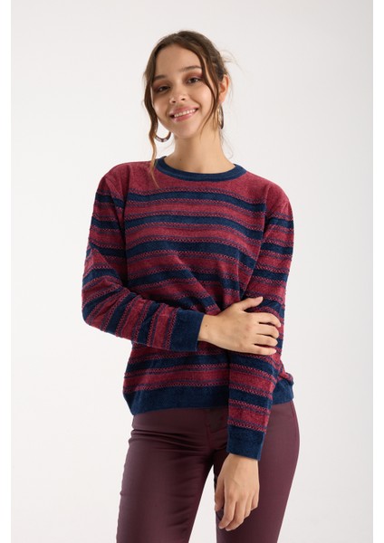 Kadın Bordo-Laci Çizgili Çapraz Kontrast Dikiş Detaylı Şönil Kadife Triko Kazak modelleri