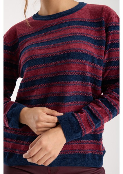 Kadın Bordo-Laci Çizgili Çapraz Kontrast Dikiş Detaylı Şönil Kadife Triko Kazak fırsatları