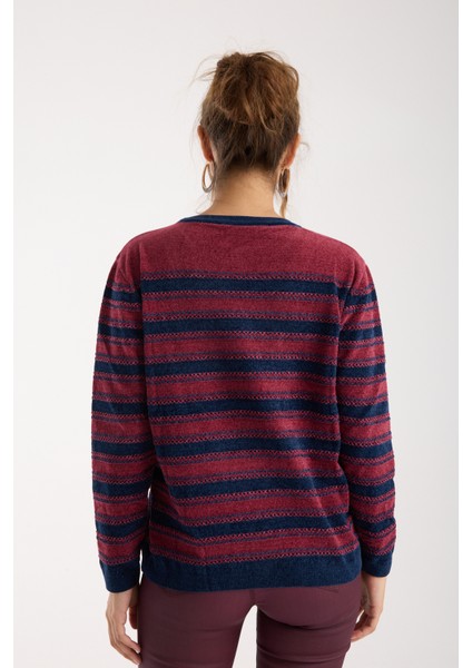 Kadın Bordo-Laci Çizgili Çapraz Kontrast Dikiş Detaylı Şönil Kadife Triko Kazak indirimleri