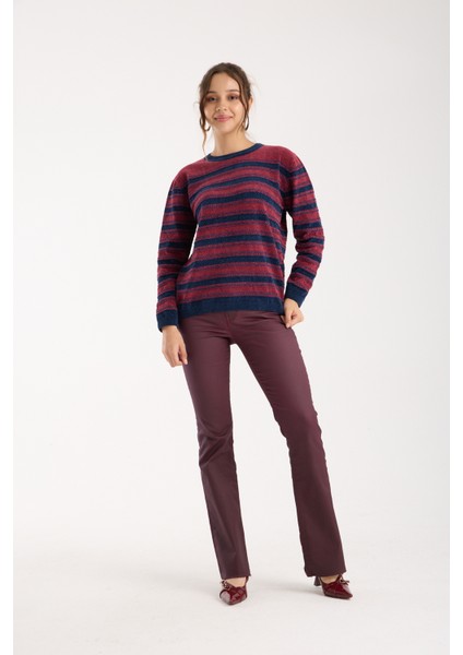 Kadın Bordo-Laci Çizgili Çapraz Kontrast Dikiş Detaylı Şönil Kadife Triko Kazak