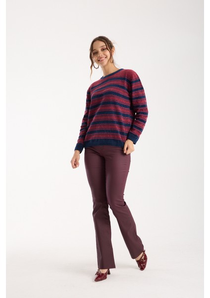 Kadın Bordo-Laci Çizgili Çapraz Kontrast Dikiş Detaylı Şönil Kadife Triko Kazak