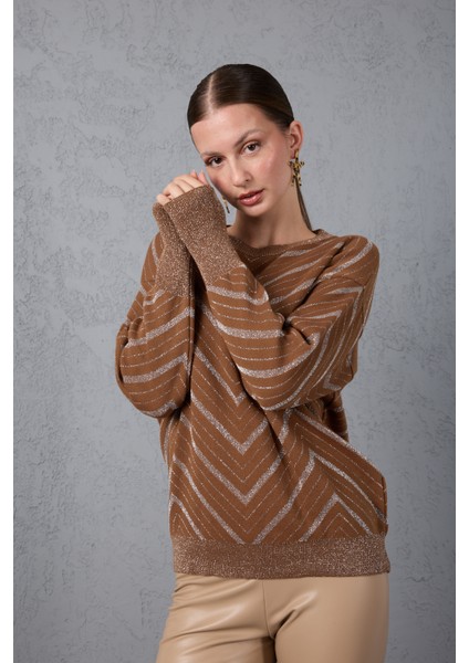 Kadın Taba Geniş Manşetli Bisiklet Yaka Sim Desenli Triko Bluz