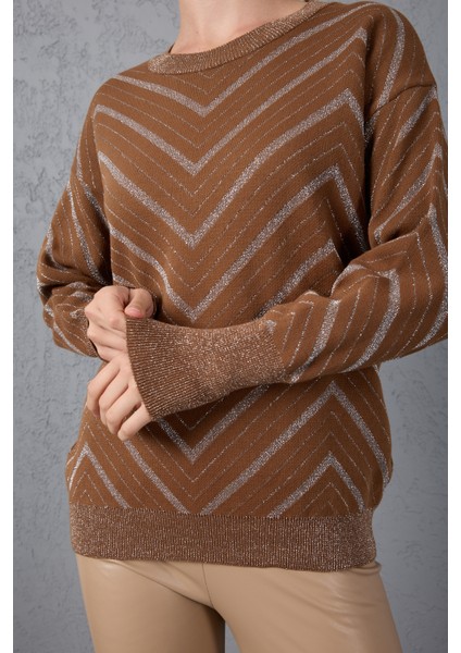 Kadın Taba Geniş Manşetli Bisiklet Yaka Sim Desenli Triko Bluz modelleri