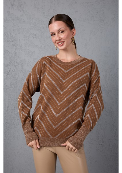 Kadın Taba Geniş Manşetli Bisiklet Yaka Sim Desenli Triko Bluz fırsatları