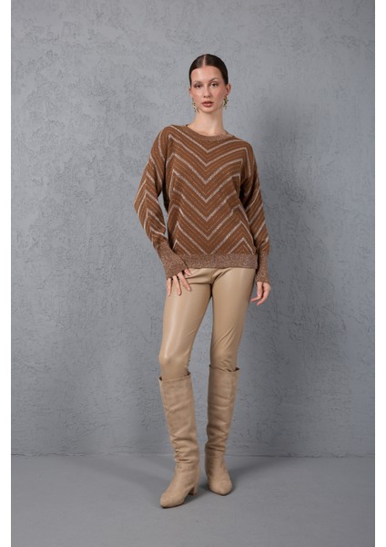 Kadın Taba Geniş Manşetli Bisiklet Yaka Sim Desenli Triko Bluz