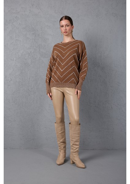 Kadın Taba Geniş Manşetli Bisiklet Yaka Sim Desenli Triko Bluz