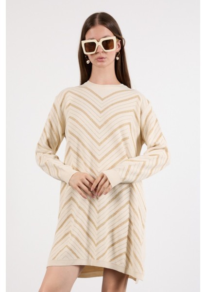 Kadın Ekru Yan Yırtmaçlı Bisiklet Yaka Sim Desenli Triko Bluz