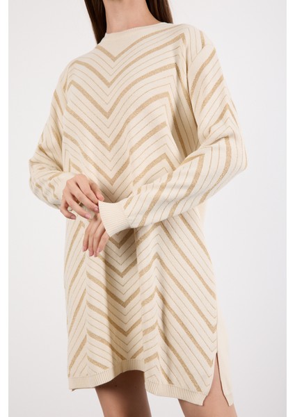 Kadın Ekru Yan Yırtmaçlı Bisiklet Yaka Sim Desenli Triko Bluz fiyatları