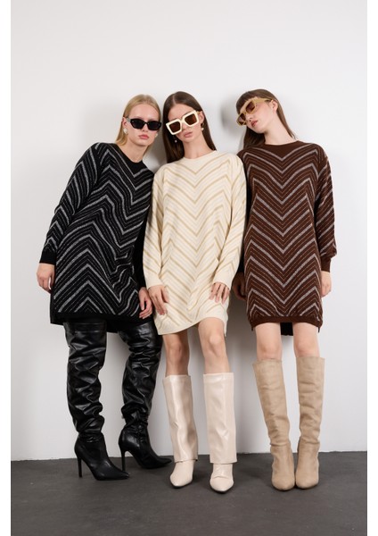 Kadın Ekru Yan Yırtmaçlı Bisiklet Yaka Sim Desenli Triko Bluz