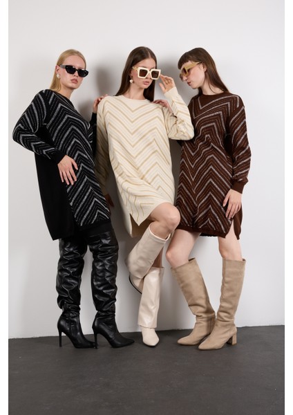 Kadın Ekru Yan Yırtmaçlı Bisiklet Yaka Sim Desenli Triko Bluz