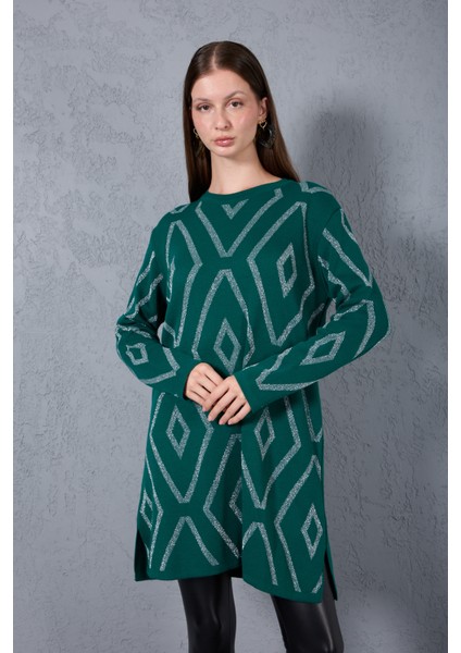 Kadın Zümrüt Yeşili Yan Yırtmaçlı Bisiklet Yaka Sim Desenli Triko Bluz