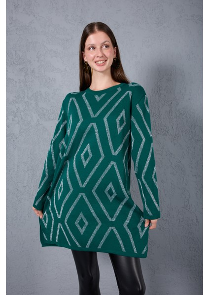 Kadın Zümrüt Yeşili Yan Yırtmaçlı Bisiklet Yaka Sim Desenli Triko Bluz fiyatları