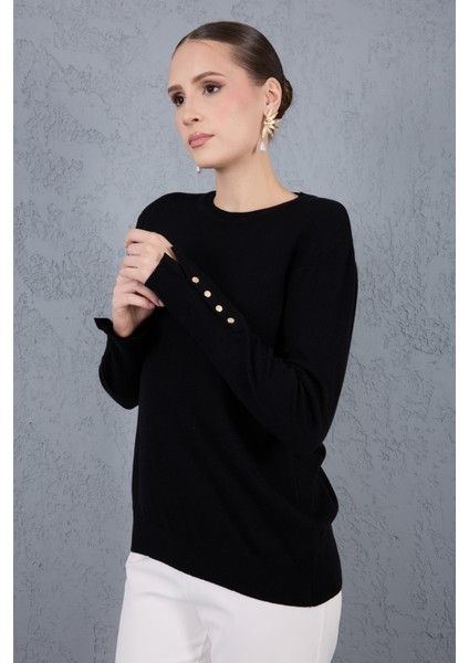 Kadın Siyah Çıtçıtlı Kollu Bisiklet Yaka Triko Bluz