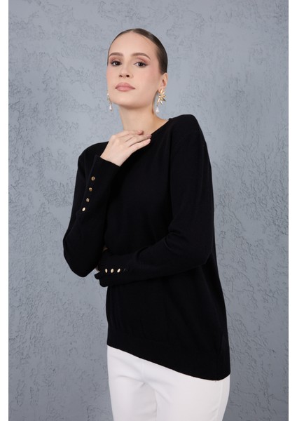 Kadın Siyah Çıtçıtlı Kollu Bisiklet Yaka Triko Bluz modelleri