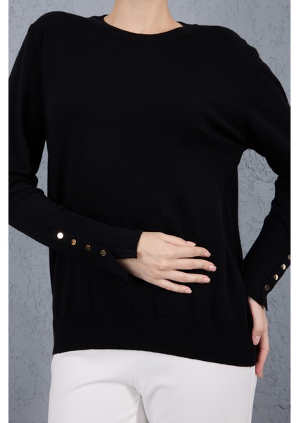 Kadın Siyah Çıtçıtlı Kollu Bisiklet Yaka Triko Bluz indirimleri