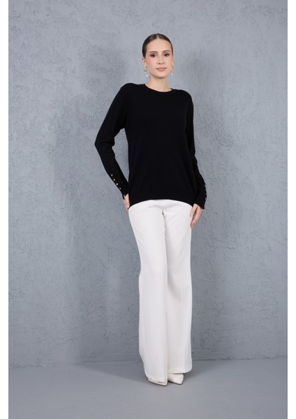 Kadın Siyah Çıtçıtlı Kollu Bisiklet Yaka Triko Bluz