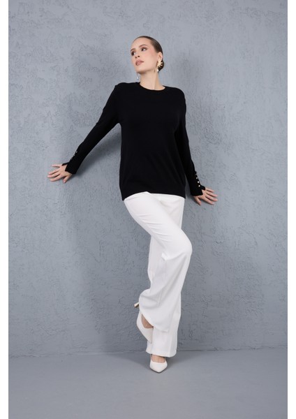 Kadın Siyah Çıtçıtlı Kollu Bisiklet Yaka Triko Bluz