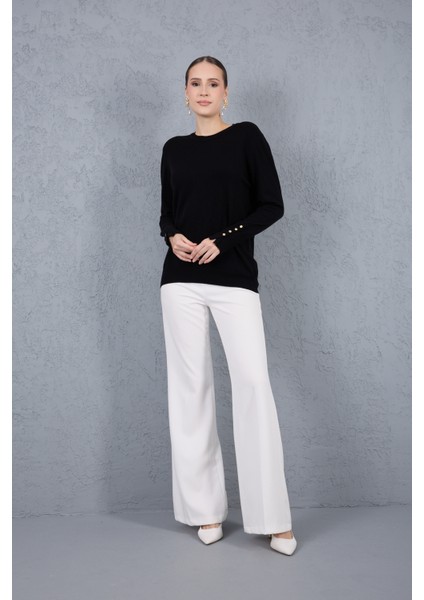 Kadın Siyah Çıtçıtlı Kollu Bisiklet Yaka Triko Bluz