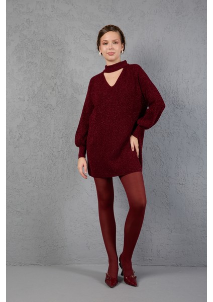 Kadın Bordo Simli Selanik Örgü Reglan Balon Kollu Choker Yaka Triko Kazak