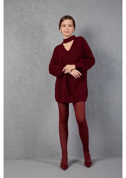 Kadın Bordo Simli Selanik Örgü Reglan Balon Kollu Choker Yaka Triko Kazak fiyatları