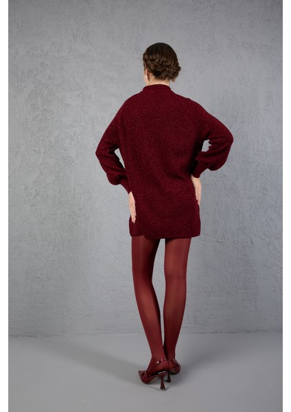 Kadın Bordo Simli Selanik Örgü Reglan Balon Kollu Choker Yaka Triko Kazak modelleri