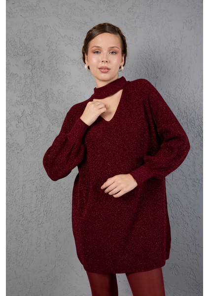 Kadın Bordo Simli Selanik Örgü Reglan Balon Kollu Choker Yaka Triko Kazak fırsatları