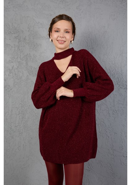Kadın Bordo Simli Selanik Örgü Reglan Balon Kollu Choker Yaka Triko Kazak indirimleri