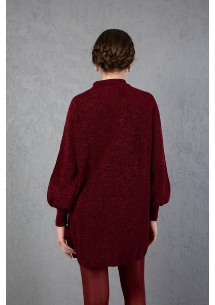 Kadın Bordo Simli Selanik Örgü Reglan Balon Kollu Choker Yaka Triko Kazak