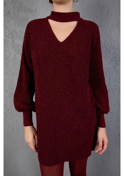 Kadın Bordo Simli Selanik Örgü Reglan Balon Kollu Choker Yaka Triko Kazak