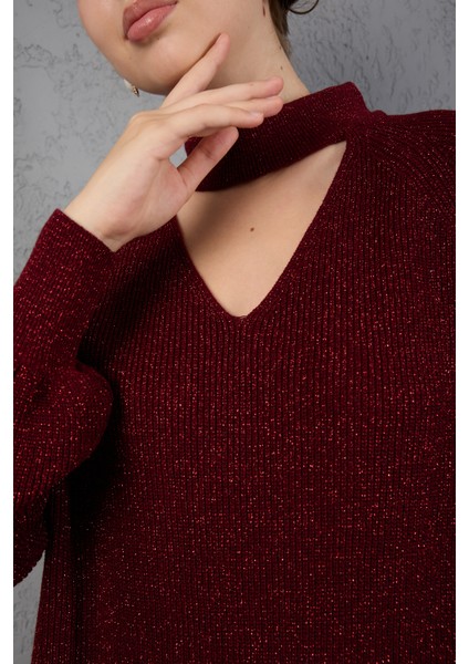 Kadın Bordo Simli Selanik Örgü Reglan Balon Kollu Choker Yaka Triko Kazak