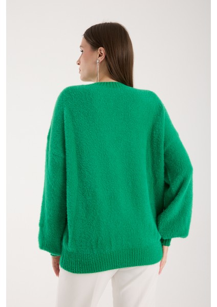 Kadın Yeşil Sakal Iplik Balon Kollu Boncuk Nakışlı V Yaka Triko Kazak indirimleri