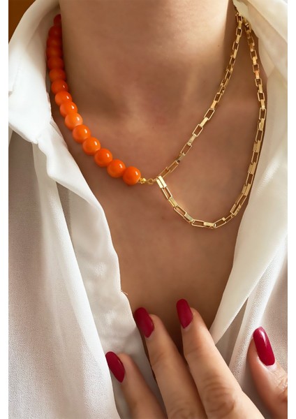 Truncu Cam Boncuk Gold Zincir Kolye