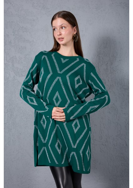 Kadın Zümrüt Yeşili Yan Yırtmaçlı Bisiklet Yaka Sim Desenli Triko Bluz modelleri
