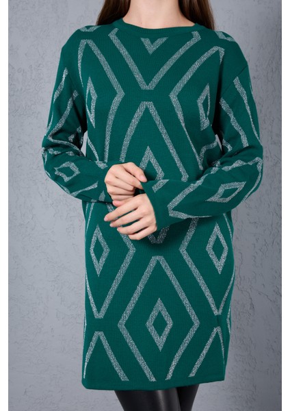 Kadın Zümrüt Yeşili Yan Yırtmaçlı Bisiklet Yaka Sim Desenli Triko Bluz fırsatları