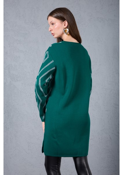 Kadın Zümrüt Yeşili Yan Yırtmaçlı Bisiklet Yaka Sim Desenli Triko Bluz indirimleri