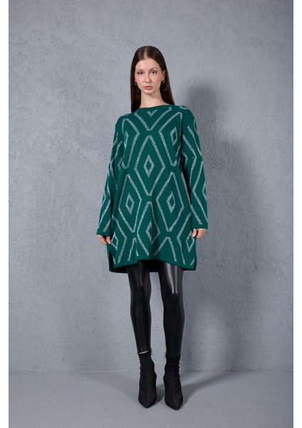 Kadın Zümrüt Yeşili Yan Yırtmaçlı Bisiklet Yaka Sim Desenli Triko Bluz