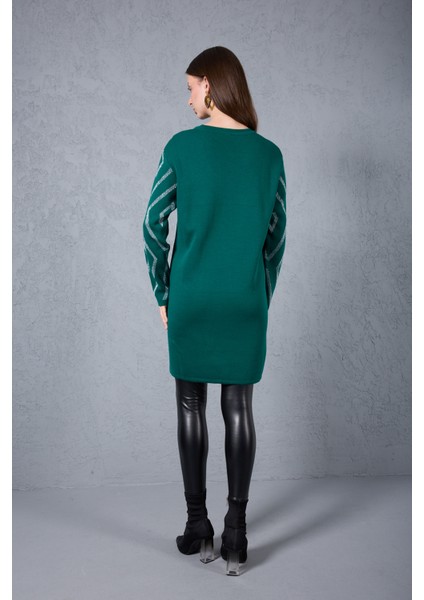 Kadın Zümrüt Yeşili Yan Yırtmaçlı Bisiklet Yaka Sim Desenli Triko Bluz