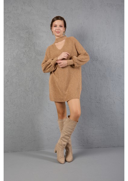 Kadın Bej Simli Selanik Örgü Reglan Balon Kollu Choker Yaka Triko Kazak