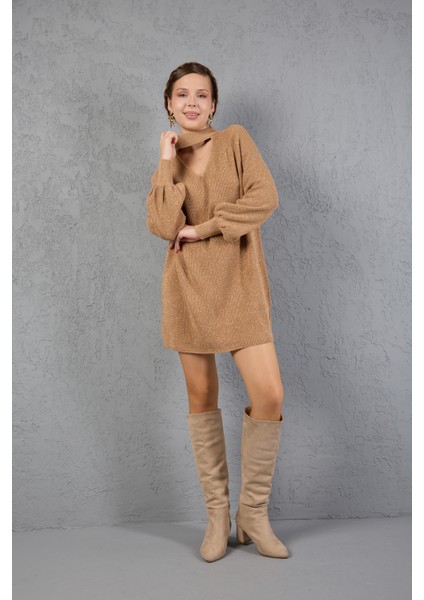 Kadın Bej Simli Selanik Örgü Reglan Balon Kollu Choker Yaka Triko Kazak fiyatları