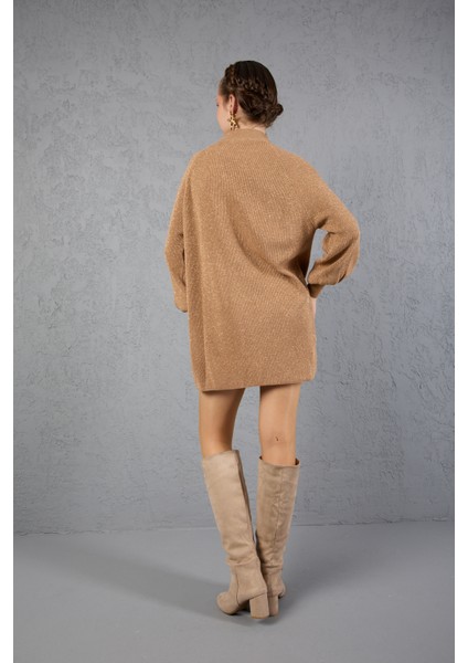 Kadın Bej Simli Selanik Örgü Reglan Balon Kollu Choker Yaka Triko Kazak modelleri