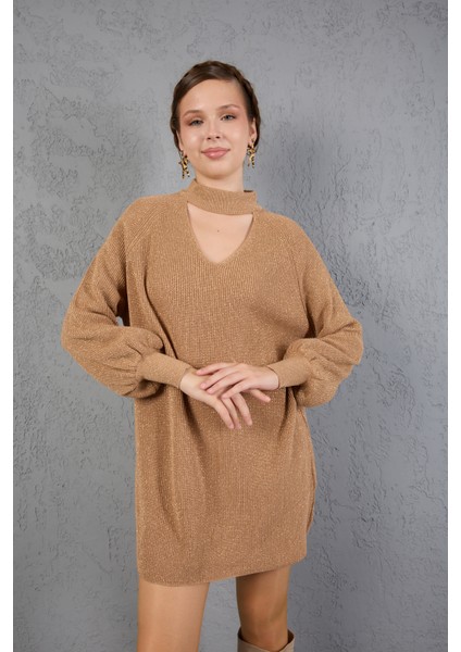 Kadın Bej Simli Selanik Örgü Reglan Balon Kollu Choker Yaka Triko Kazak fırsatları