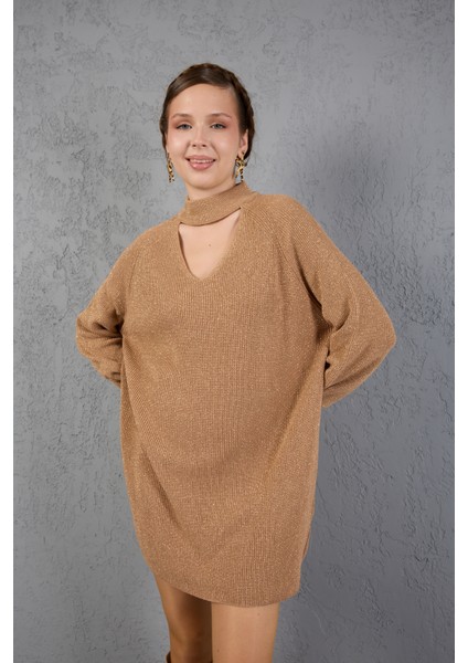 Kadın Bej Simli Selanik Örgü Reglan Balon Kollu Choker Yaka Triko Kazak indirimleri