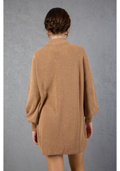 Kadın Bej Simli Selanik Örgü Reglan Balon Kollu Choker Yaka Triko Kazak