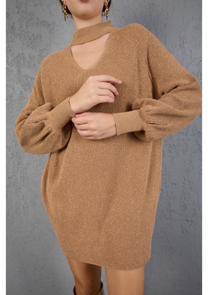 Kadın Bej Simli Selanik Örgü Reglan Balon Kollu Choker Yaka Triko Kazak
