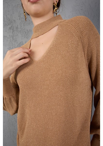 Kadın Bej Simli Selanik Örgü Reglan Balon Kollu Choker Yaka Triko Kazak